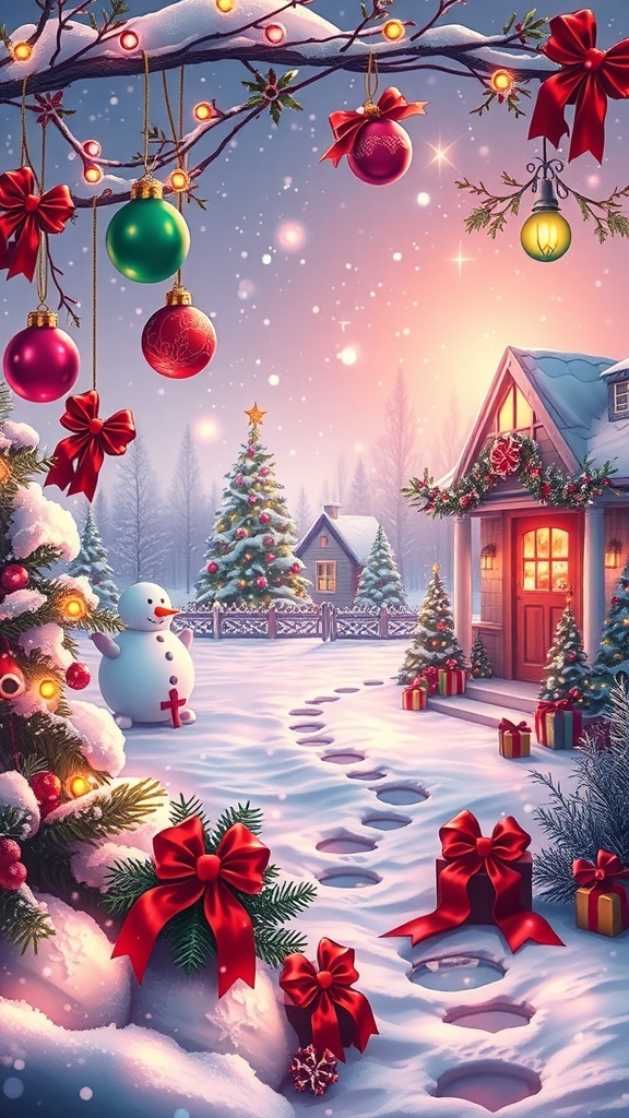 High-resolution Christmas background with snowflakes, ornaments, and lights.